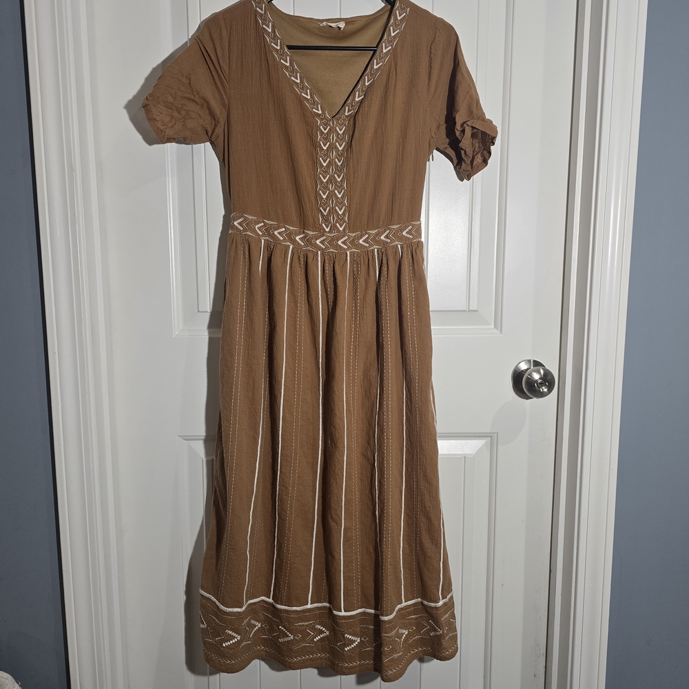 ROOLEE Brown Embroidered Midi Dress Small Boho Cottagecore Prairie Cotton Lined - Picture 2 of 9